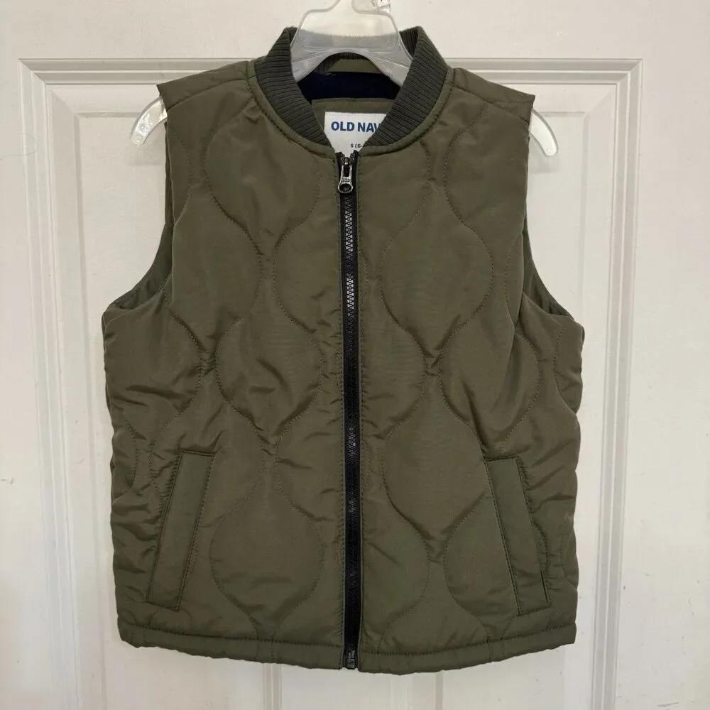 Old Navy Jacket Youth 6-7 Olive Green Vest Full Zip Mock Neck Pockets Quilted